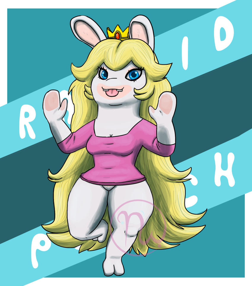 2020 2_toes absurd_res anthro bangs blonde_hair blue_eyes bottomless breasts buckteeth clothed clothing crossover crown eyelashes feet female hair headgear hi_res lagomorph long_ears long_hair long_sleeves looking_at_viewer mammal mario_bros mario_plus_rabbids_kingdom_battle mario_plus_rabbids_sparks_of_hope mitten_hands nintendo noseless pantsless rabbid rabbid_peach raised_leg raving_rabbids rayman_(series) shirt shirt_only short_stack skywater solo teeth text thick_thighs toes tongue tongue_out topwear topwear_only ubisoft wide_hips