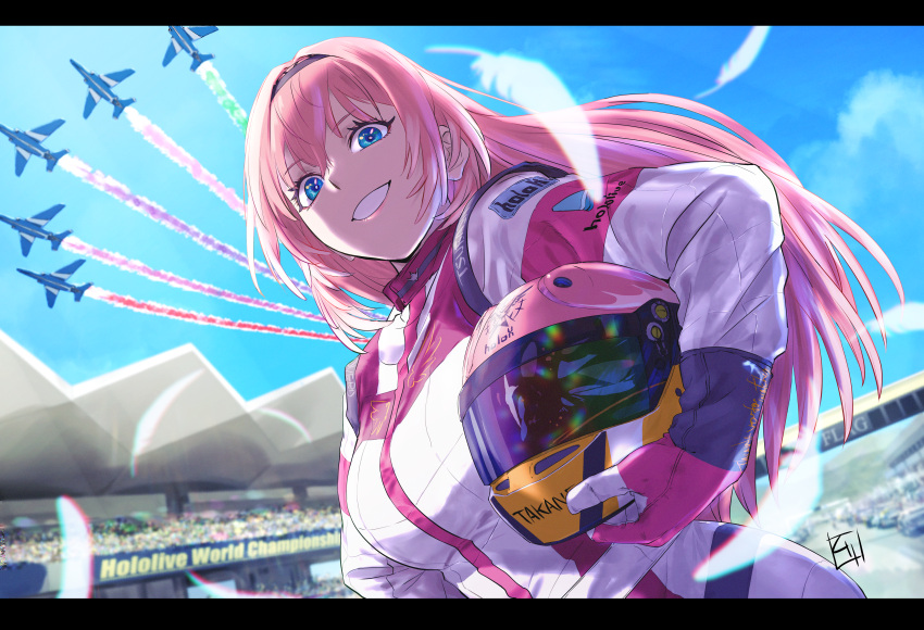 1girl absurdres aircraft airplane blue_eyes blue_sky character_name contrail copyright_name eyelashes falling_feathers grin helmet highres holding holding_helmet hololive jet kurita_shin'ichi letterboxed long_hair looking_at_viewer motorcycle_helmet pink_hair racing_suit sky smile solo stadium takane_lui virtual_youtuber