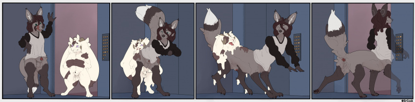 absurd_res after_transformation animal_genitalia animal_print anthro anthro_on_taur antlers anus black_pawpads bottomless bottomless_male canid canine canis clothed clothing comic cow_print curved_horn dreadlocks duo elevator fur fur_markings genitals grey_body grey_fur hi_res horn jackal jackalope lagomorph long_ears long_image male male/male mammal markings melting merging oatnom pawpads peeking_penis questionable_consent raidon_chrome sheath srcook taur taur_transformation transformation transformation_sequence white_tail_tip wide_image worried_look