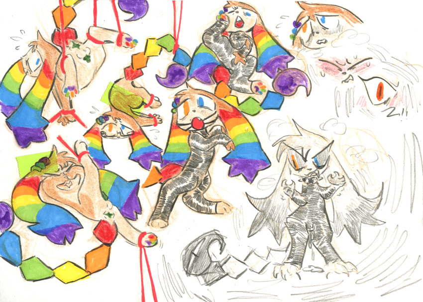 2021 anthro anus ball_gag balls bdsm bondage bound bwrd corruption eyewear gag genitals glasses hi_res intersex l33t_(labbit1337) leaking_through_clothing multicolored_ears multicolored_tail rainbow_ears rainbow_tail semi-anthro solo tail traditional_media_(artwork)