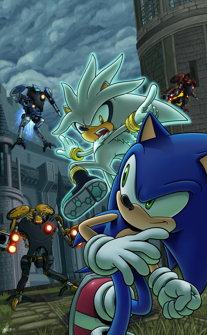 2boys absurdres boots castle floating gloves green_eyes hedgehog highres looking_back multiple_boys pointing psychic robot silver_the_hedgehog sonic_(series) sonic_the_hedgehog sonic_the_hedgehog_(2006) tyler_mcgrath weapon white_gloves yellow_eyes