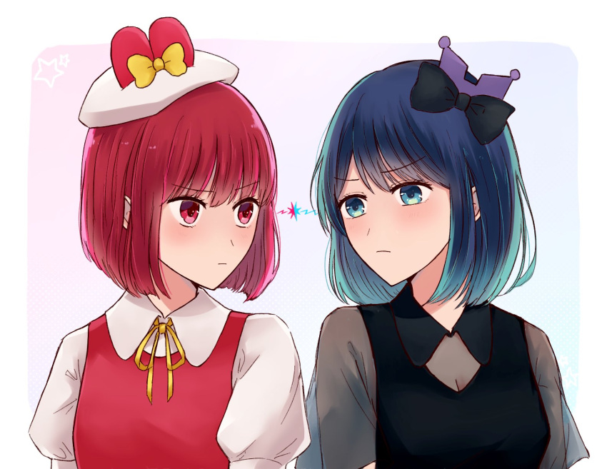 2girls a15pberryh arima_kana beret black_dress black_ribbon blue_eyes blue_hair bob_cut closed_mouth dress hair_ribbon hat hat_ribbon highres inverted_bob kurokawa_akane kuromi looking_at_another multiple_girls my_melody oshi_no_ko red_dress red_eyes red_hair ribbon short_hair upper_body white_headwear yellow_ribbon