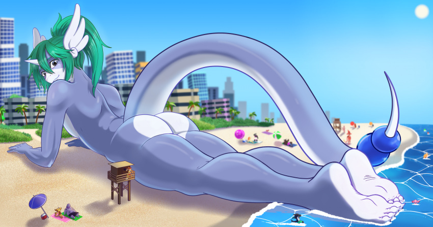 anthro anthrofied ball barefoot beach beach_ball beach_towel blue_body blue_scales building butt ciks-26 cooler day desta_(thatdratini) dratini feet generation_1_pokemon girly grass green_hair group hair hi_res inflatable lifeguard lifeguard_tower looking_back lying macro male nintendo on_front palm_tree parasol plant pokemon pokemon_(species) ponytail scales sea seaside shrub sky smile solo_focus sun tail tail_beads towel tree water