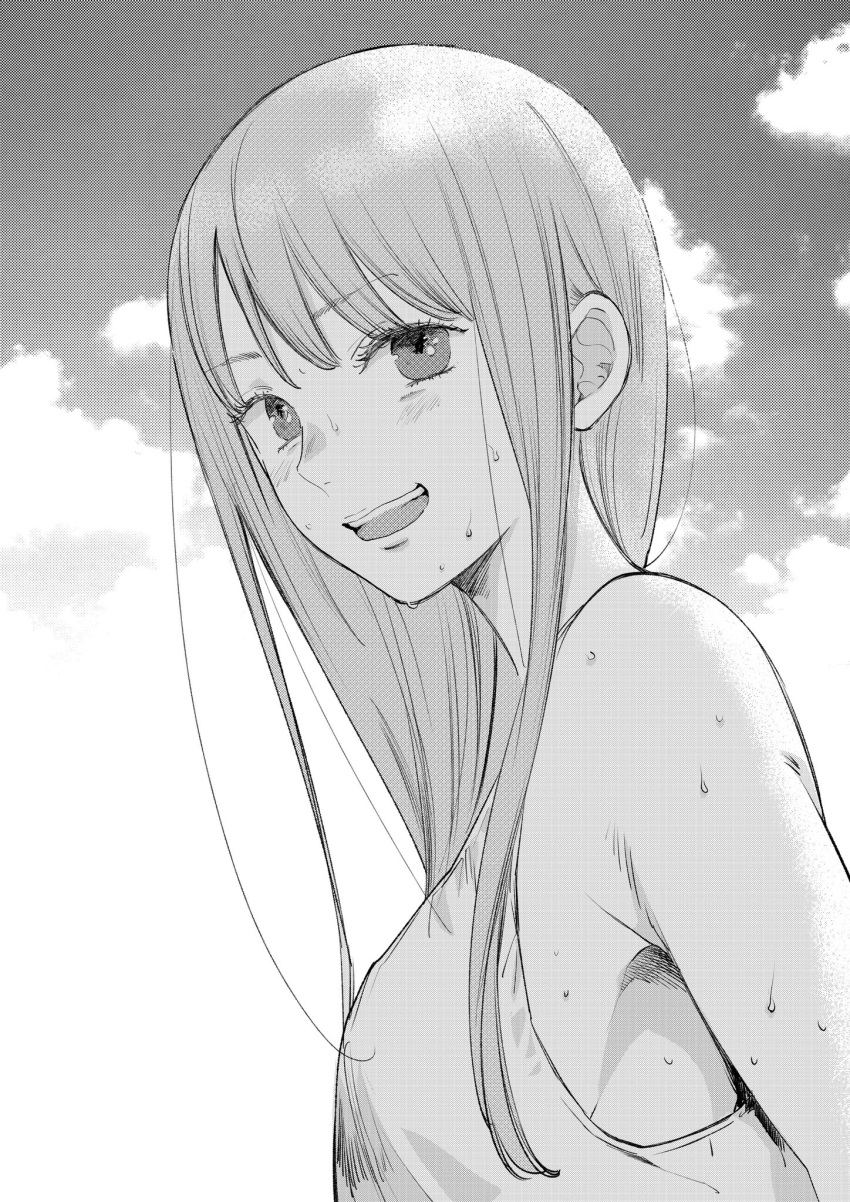 1girl armpits bare_arms blush bye-bye_liberty cloud commentary_request day eyelashes from_side greyscale halftone hatta_ayuko highres light_blush long_hair looking_at_viewer monochrome nose_blush open_mouth outdoors shirt sky sleeveless sleeveless_shirt solo suzuki_rina_(bye-bye_liberty) sweat teeth turning_head upper_body upper_teeth_only wispy_bangs