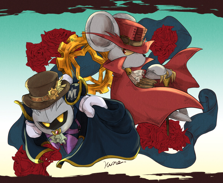 2boys animal_ears armor ascot brown_headwear cape claws colored_sclera commentary_request daroach flower gears gloves hat_feather highres kirby_(series) male_focus mask meta_knight mouse_ears multiple_boys pauldrons red_eyes red_headwear rose rune_(ruupokesmash54) shoulder_armor signature star_(symbol) white_gloves yellow_eyes yellow_sclera