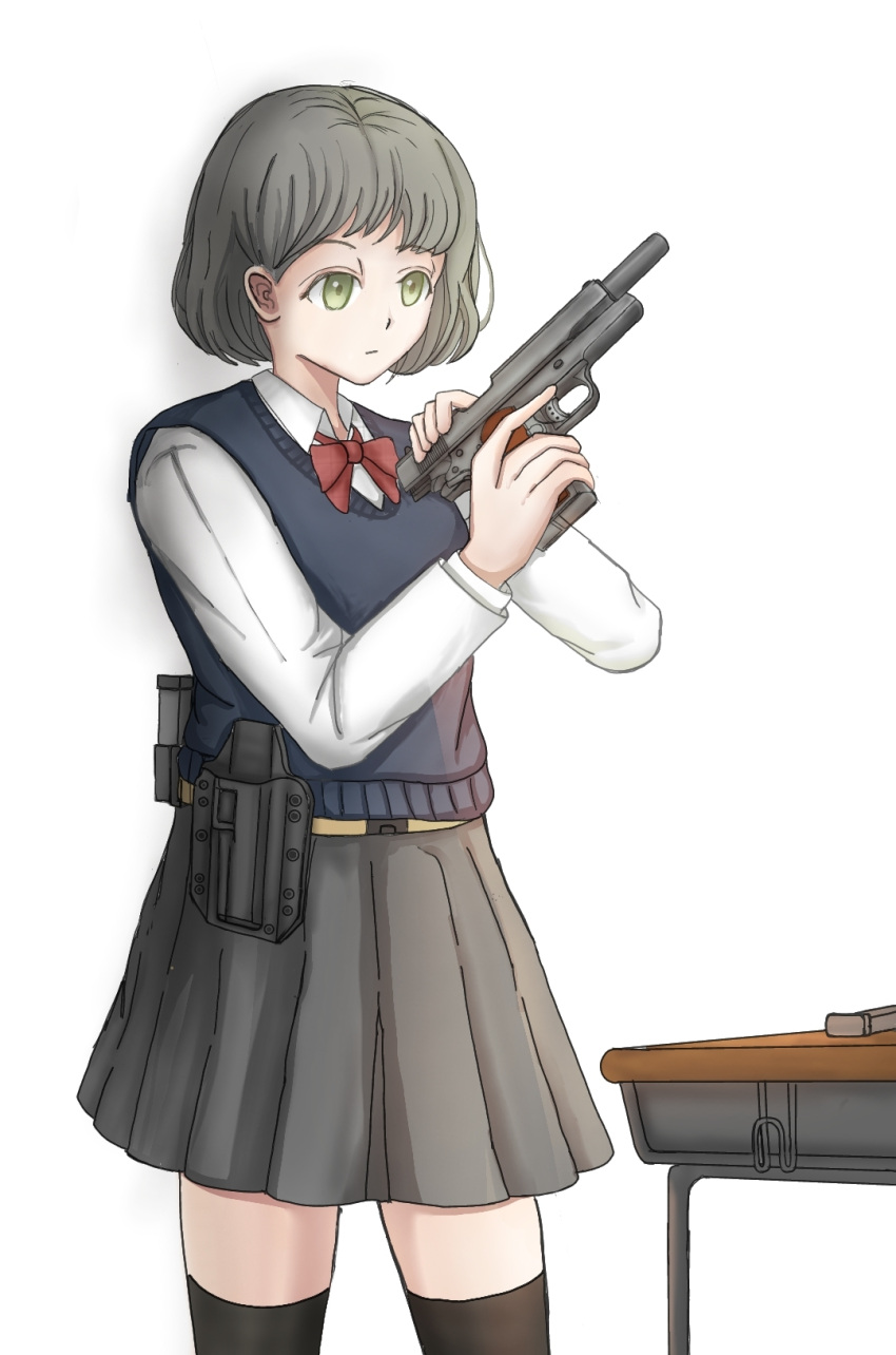 1girl 787nanahachi ammunition_pouch belt belt_pouch black_thighhighs blue_sweater_vest bow bowtie closed_mouth cocking_gun collared_shirt commentary_request desk feet_out_of_frame green_eyes grey_hair grey_skirt gun hair_behind_ear handgun highres holding holding_gun holding_weapon holster locked_slide long_sleeves looking_at_object m1911 magazine_(weapon) open_collar original pleated_skirt pouch red_bow red_bowtie school_desk school_uniform shirt short_hair simple_background skirt snap-fit_buckle solo sweater_vest thighhighs trigger_discipline utility_belt weapon white_background white_shirt yellow_belt