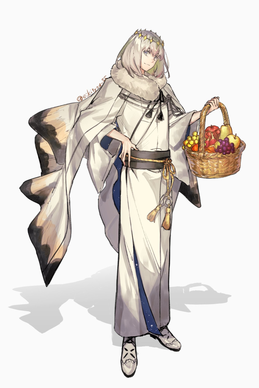 1boy apple basket cape closed_mouth diamond_hairband eiki_(eikityou_55) fate/grand_order fate_(series) food fruit fruit_basket fruit_request full_body grapes grey_eyes grey_hair hair_between_eyes highres holding holding_basket japanese_clothes kimono light_smile looking_at_viewer male_focus moth_wings oberon_(fate) pear red_apple shadow short_hair solo tassel twitter_username white_cape white_footwear white_kimono white_wings wide_sleeves wings