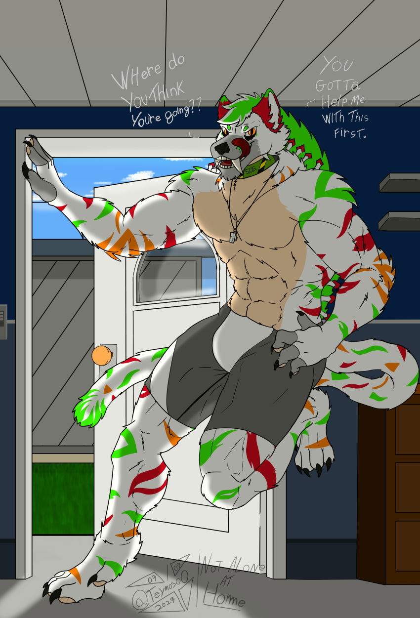 4_fingers 5_toes abs absurd_res anthro arctic_fox big_claws bulge canid canine claws clothing cloud collar day dog_tag_necklace doorframe doorknob english_text feet felid fingers fluffy_body fox fur furniture hi_res humanoid hyena looking_at_viewer male male/male mammal multicolored_body multicolored_fur muscular muscular_male neck_tuft orange_eyes pantherine perseus_(teymosoo) saber-toothed_tiger sharp_claws sharp_teeth sky solo spotted_hyena striped_body striped_fur stripes teeth text teymosoo tiger toes tongue tongue_out tuft underwear