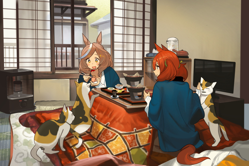 2girls absurdres animal_ears ashinowoto blue_kimono brown_hair calico cat chopsticks highres holding holding_chopsticks horse_ears horse_girl horse_tail japanese_clothes kimono kotatsu matikane_tannhauser_(umamusume) multicolored_hair multiple_girls nice_nature_(umamusume) open_mouth red_hair smile space_heater streaked_hair table tail television umamusume white_hair window yukata