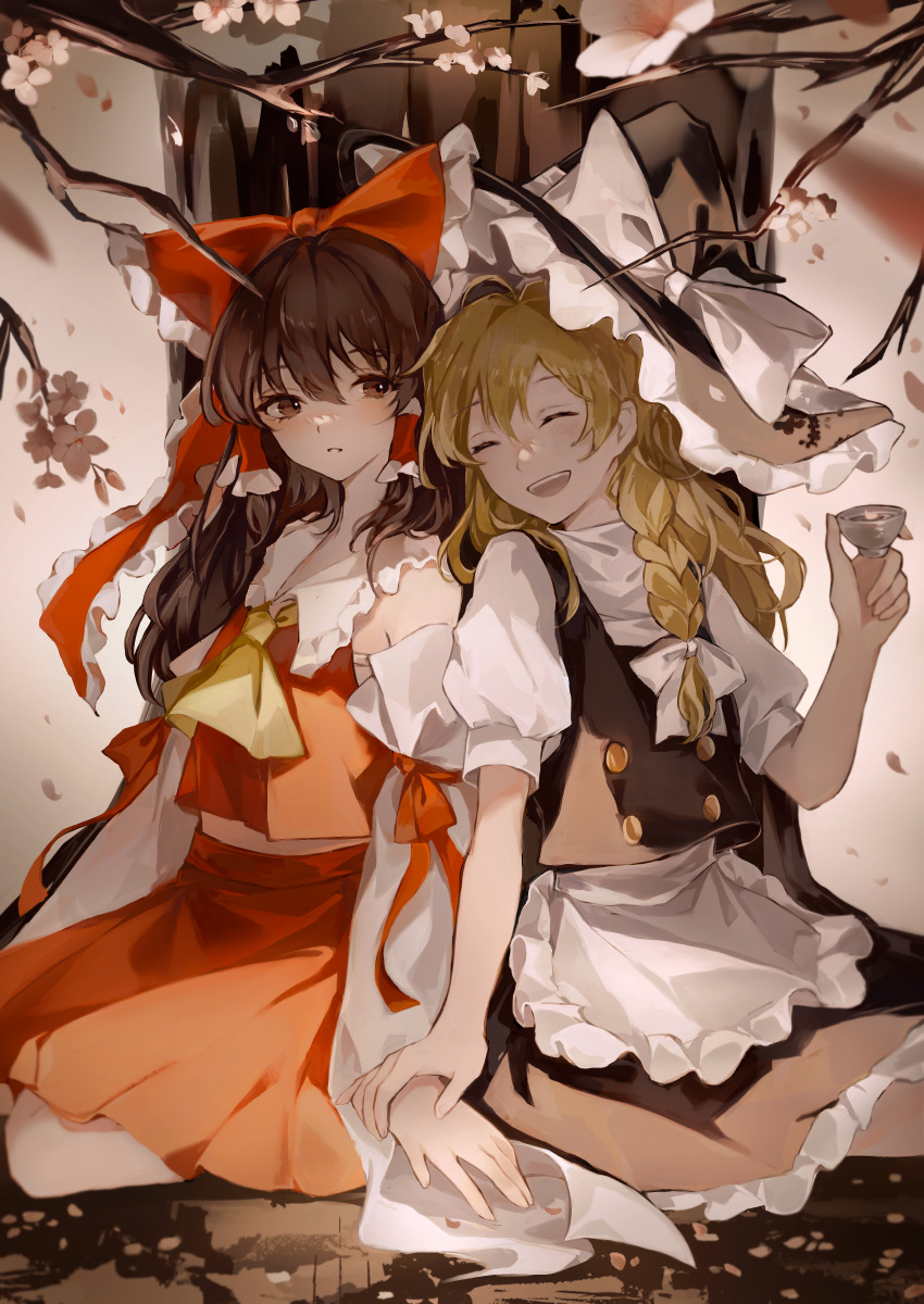 2girls absurdres apron ascot bare_shoulders black_headwear black_skirt black_vest blonde_hair bow braid brown_eyes brown_hair cherry_blossoms cup detached_sleeves frilled_apron frilled_skirt frills hair_between_eyes hair_bow hair_tubes hakurei_reimu hanaya_(fleur) hat hat_bow highres holding holding_cup japanese_clothes kirisame_marisa long_hair multiple_girls nontraditional_miko open_mouth pleated_skirt puffy_short_sleeves puffy_sleeves red_bow red_skirt ribbon-trimmed_sleeves ribbon_trim shirt short_sleeves sidelocks single_braid skirt smile touhou vest waist_apron white_apron white_bow white_shirt white_sleeves wide_sleeves witch_hat yellow_ascot yellow_eyes