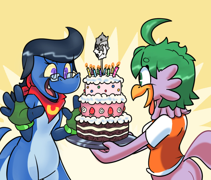 2022 ahoge anthro avian avian_caruncle bandanna beak bird birthday_cake black_pupils blue_body blue_hair blue_scales cake clothing comb_(anatomy) cute_fangs dessert duo feathers featureless_crotch female fingerless_gloves food fruit gloves green_clothing green_eyes green_gloves green_hair green_handwear hair handwear happy head_crest holding_cake holding_food holding_object kerchief lizard open_mouth orange_beak orange_clothing orange_shirt orange_topwear plant puchipi pupils purple_body purple_eyes purple_feathers raised_hand red_bandanna red_kerchief reptile scales scalie shirt simple_background slit_pupils smile standing strawberry topwear ulti_(ultilix) white_clothing white_shirt white_topwear yellow_background yellow_bandanna yellow_kerchief yellow_sclera