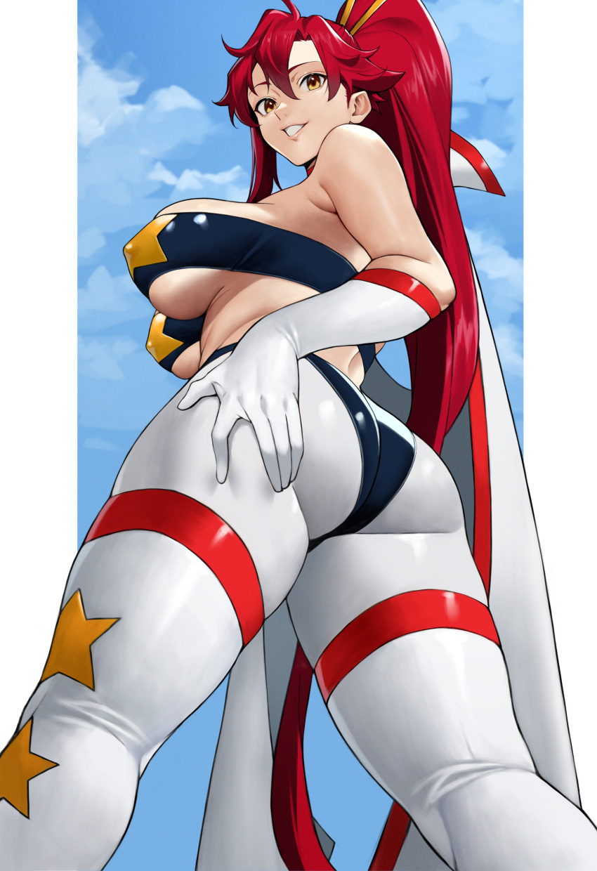 1girl absurdres ass bandeau bare_shoulders black_panties blue_sky breasts cape covered_nipples elbow_gloves gloves grin high_ponytail highres large_breasts long_hair long_sleeves looking_at_viewer looking_back panties pants pasties ponytail red_hair sky smile solo space_yoko star_pasties tengen_toppa_gurren_lagann thighs tight_clothes tight_pants underboob underwear unworn_cape white_cape white_gloves white_pants yellow_eyes yoko_littner yoshio_(55level)