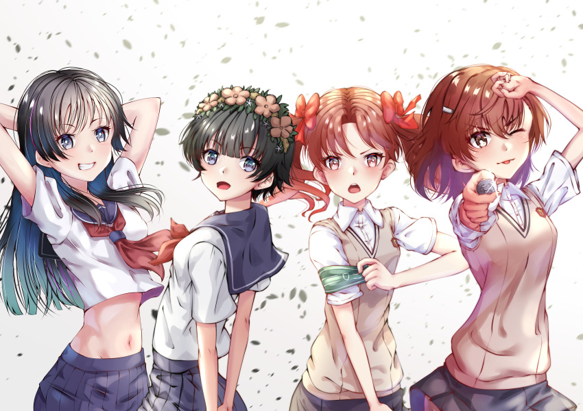 1girl 4girls :&lt; :d absurdres adjusting_clothes arm_behind_head armband arms_behind_back black_hair blue_eyes blue_sailor_collar blue_skirt blush bob_cut bow breasts brown_eyes brown_hair brown_sweater_vest closed_mouth coin collared_shirt commentary condom cropped_shirt dress_shirt facing_another falling_leaves gari88625884 gradient_background green_armband green_hair grey_skirt grin groin hair_bow hair_ornament hairclip hand_on_own_head head_wreath highres holding holding_condom incoming_attack leaf long_hair looking_at_viewer loose_hair_strand midriff misaka_mikoto multiple_girls navel neckerchief one_eye_closed open_mouth parted_bangs parted_lips pleated_skirt reaching reaching_towards_viewer red_bow red_neckerchief sailor_collar sakugawa_school_uniform saten_ruiko school_uniform shirai_kuroko shirt short_hair short_sleeves simple_background skinny skirt small_breasts smile solo sparkle stretching summer_uniform sweater_vest toaru_kagaku_no_railgun toaru_majutsu_no_index tokiwadai_school_uniform tongue tongue_out twintails uiharu_kazari upper_body v-shaped_eyebrows v_arms white_background white_shirt