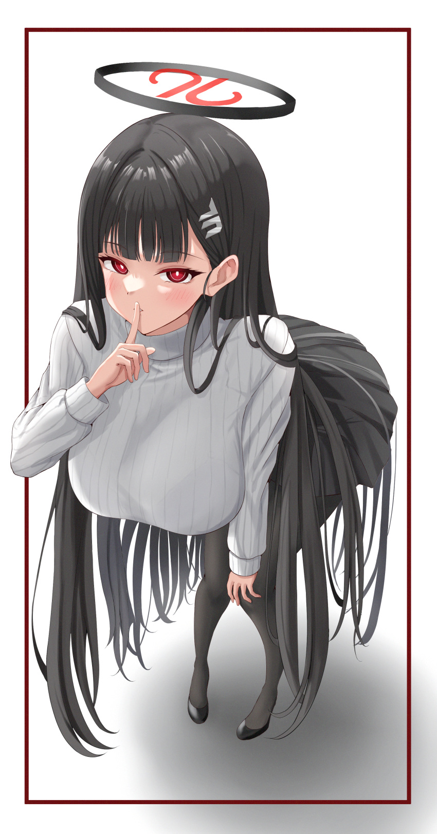 1girl absurdres black_hair black_pantyhose black_skirt blue_archive blush bra_visible_through_clothes breasts finger_to_mouth framed halo highres huge_breasts leaning_forward long_hair long_sleeves looking_at_viewer pantyhose red_eyes ribbed_sweater rio_(blue_archive) simple_background skirt solo straight_hair sweater tomioka_(r2czw) very_long_hair white_sweater