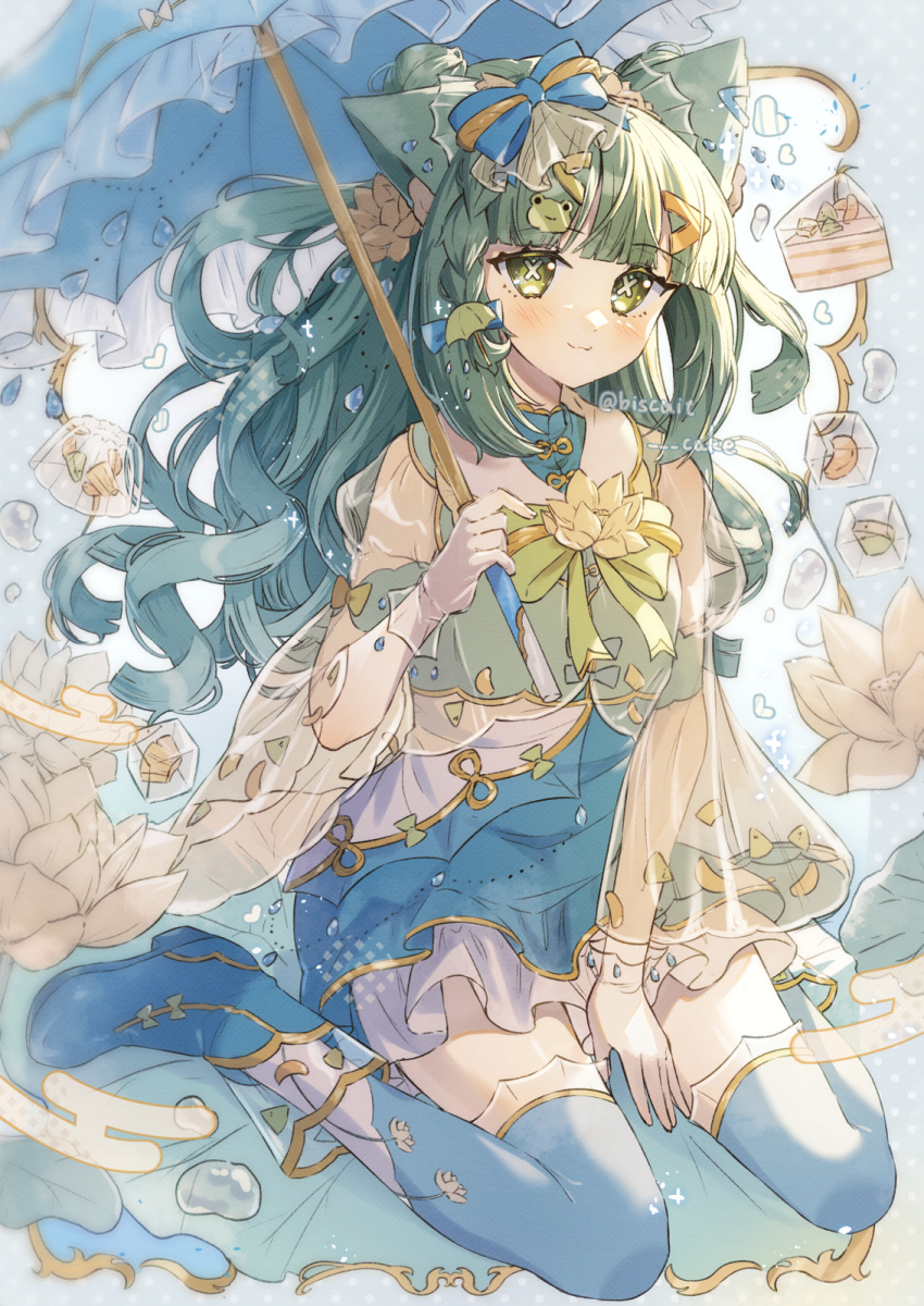 1girl :3 animal_ears artist_name between_legs blue_footwear blue_skirt blue_thighhighs blue_umbrella blunt_bangs blush boots bow bowtie cat_ears cat_girl closed_mouth flower green_bow green_bowtie green_eyes green_hair green_shirt hand_between_legs highres holding holding_umbrella long_hair long_sleeves looking_at_viewer miniskirt original pleated_skirt raised_eyebrows see-through see-through_sleeves shirt sidelocks sitting skirt smile solo symbol-shaped_pupils thighhighs thighs tsukumi_bis umbrella wariza white_flower x-shaped_pupils