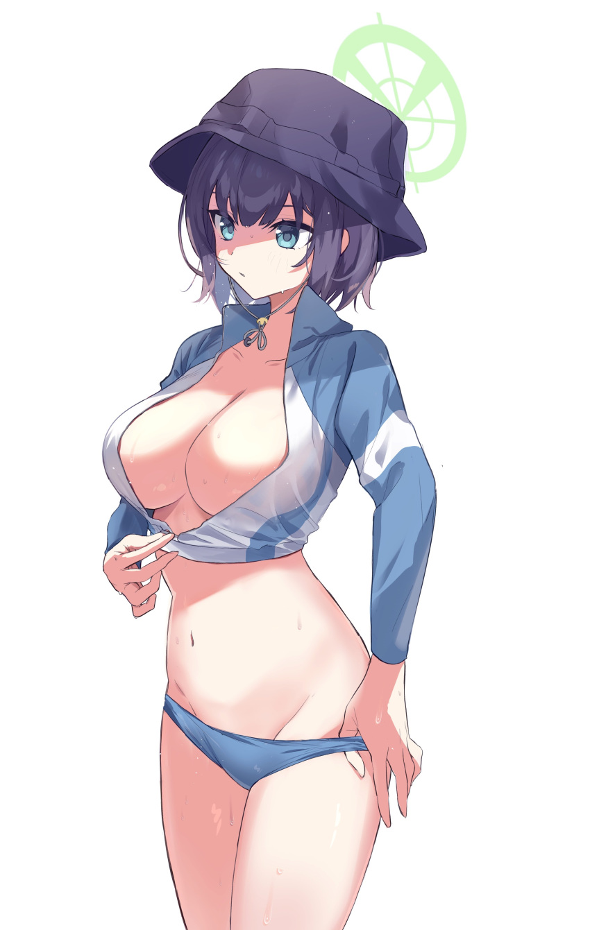 1girl absurdres bikini bikini_bottom_only black_headwear blue_archive blue_bikini blue_eyes breasts cleavage closed_mouth cropped_jacket gawa1517025 halo hat highres jacket large_breasts long_sleeves purple_hair saki_(blue_archive) saki_(swimsuit)_(blue_archive) short_hair simple_background solo swimsuit wet white_background