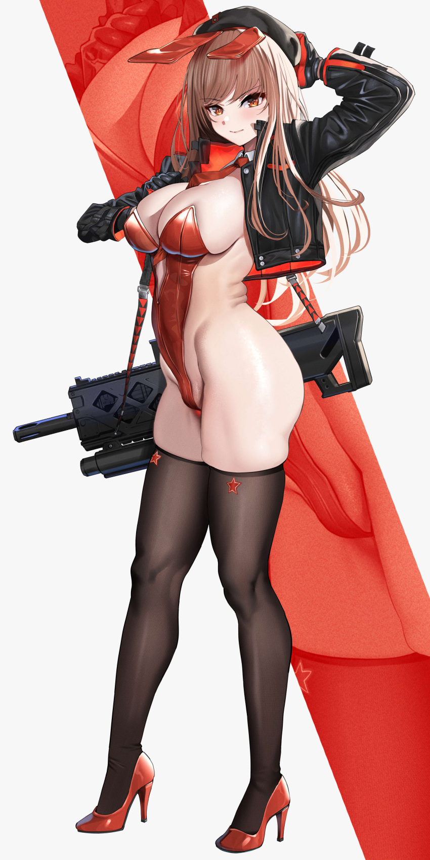 1girl absurdres animal_ears assault_rifle black_thighhighs breasts brown_hair cropped_jacket fake_animal_ears full_body goddess_of_victory:_nikke gun high_heels highres large_breasts leotard playboy_bunny rabbit_ears ramanda rapi_(nikke) red_eyes red_footwear red_leotard revealing_clothes rifle solo thighhighs thighs weapon