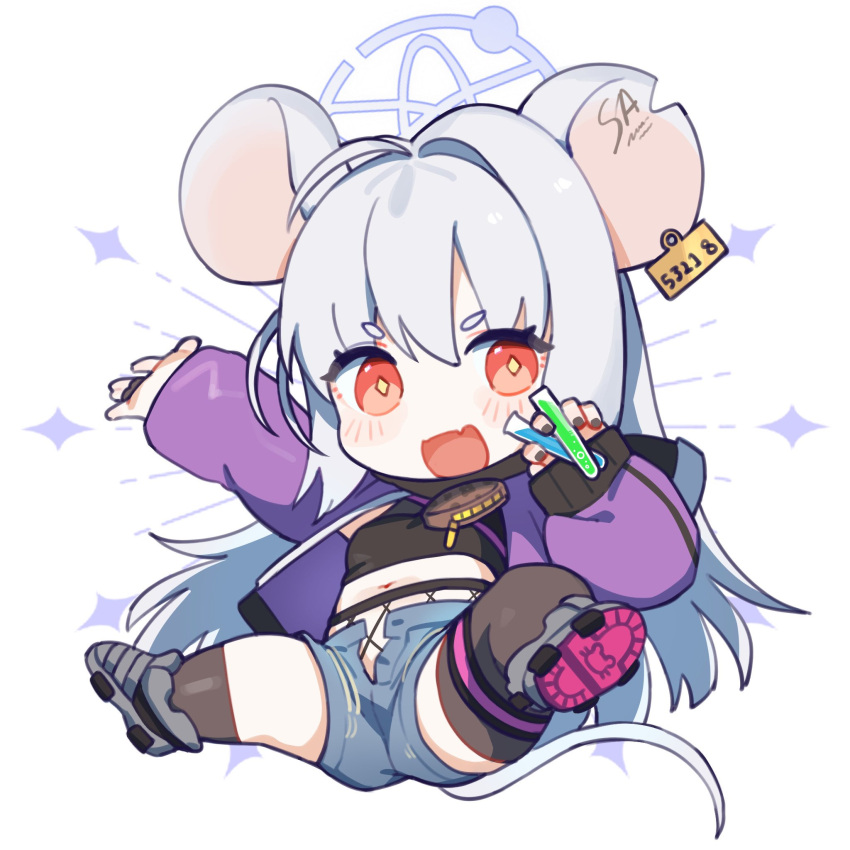 1girl animal_ears asymmetrical_legwear black_socks black_thighhighs blue_archive blue_shorts blush ear_tag full_body grey_hair halo highres hufy jacket kneehighs long_hair mismatched_legwear mouse_ears mouse_tail navel open_clothes open_fly open_jacket open_mouth purple_jacket red_eyes saya_(blue_archive) shorts simple_background single_kneehigh single_sock single_thighhigh smile socks solo tail thighhighs white_background