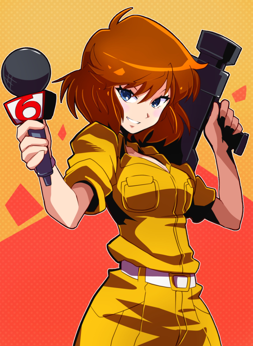 1girl animification april_o'neil belt blue_eyes breasts brown_hair camera cleavage grin highres holding holding_camera holding_microphone jumpsuit light_blush looking_at_viewer medium_breasts microphone orange_background polka_dot polka_dot_background reporter sakurajyousui_nami short_hair short_sleeves smile solo teenage_mutant_ninja_turtles teenage_mutant_ninja_turtles_(80s) tv_camera white_belt yellow_jumpsuit