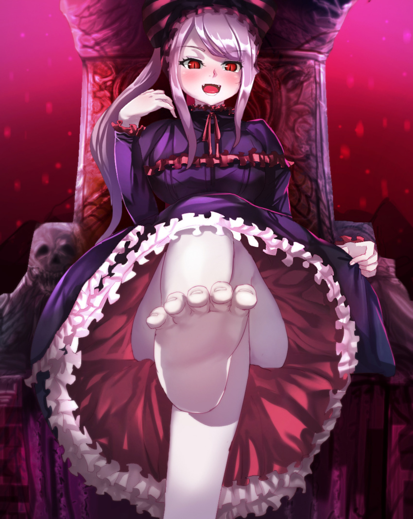 1girl bare_legs barefoot black_dress blush bow breasts commentary_request dress dress_tug fangs feet foot_focus foot_out_of_frame frilled_dress frills gothic_lolita hair_bow hand_up highres jinsai_sa_sa legs lolita_fashion long_hair looking_at_viewer open_mouth overlord_(maruyama) pale_skin pink_hair ponytail red_eyes shalltear_bloodfallen sitting slit_pupils smile soles solo striped striped_bow throne toenails toes upskirt vampire very_long_hair