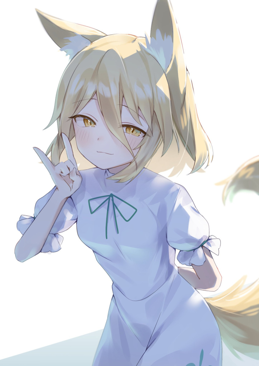 1girl animal_ear_fluff animal_ears arm_behind_back blonde_hair blush breasts cowboy_shot dress fox_ears fox_shadow_puppet fox_tail hair_between_eyes half-closed_eyes highres kudamaki_tsukasa leaning_forward light_smile medium_hair petite puffy_short_sleeves puffy_sleeves ribbon short_sleeves small_breasts solo suikario tail touhou white_romper