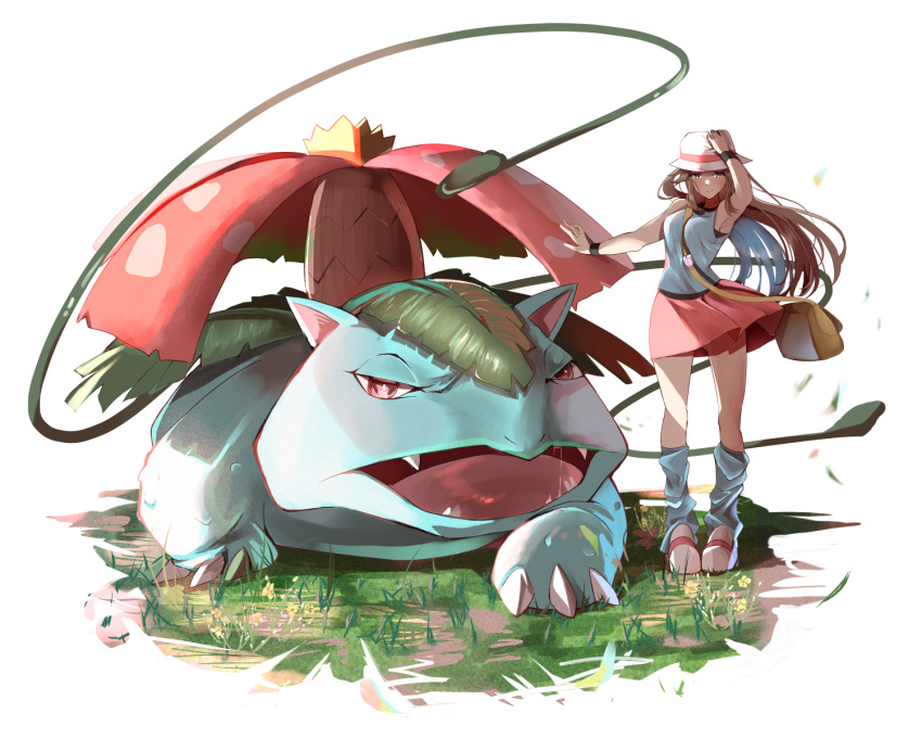 1girl arm_up bag between_breasts black_wristband breasts brown_hair bucket_hat claws commentary_request grass hat highres leaf_(pokemon) long_hair looking_at_viewer loose_socks momdy_(talesshinja) plant pleated_skirt pokemon pokemon_(creature) pokemon_(game) pokemon_frlg shirt shoes shoulder_bag sidelocks skirt sleeveless sleeveless_shirt socks standing strap_between_breasts venusaur vines vs_seeker white_footwear white_headwear wristband yellow_bag