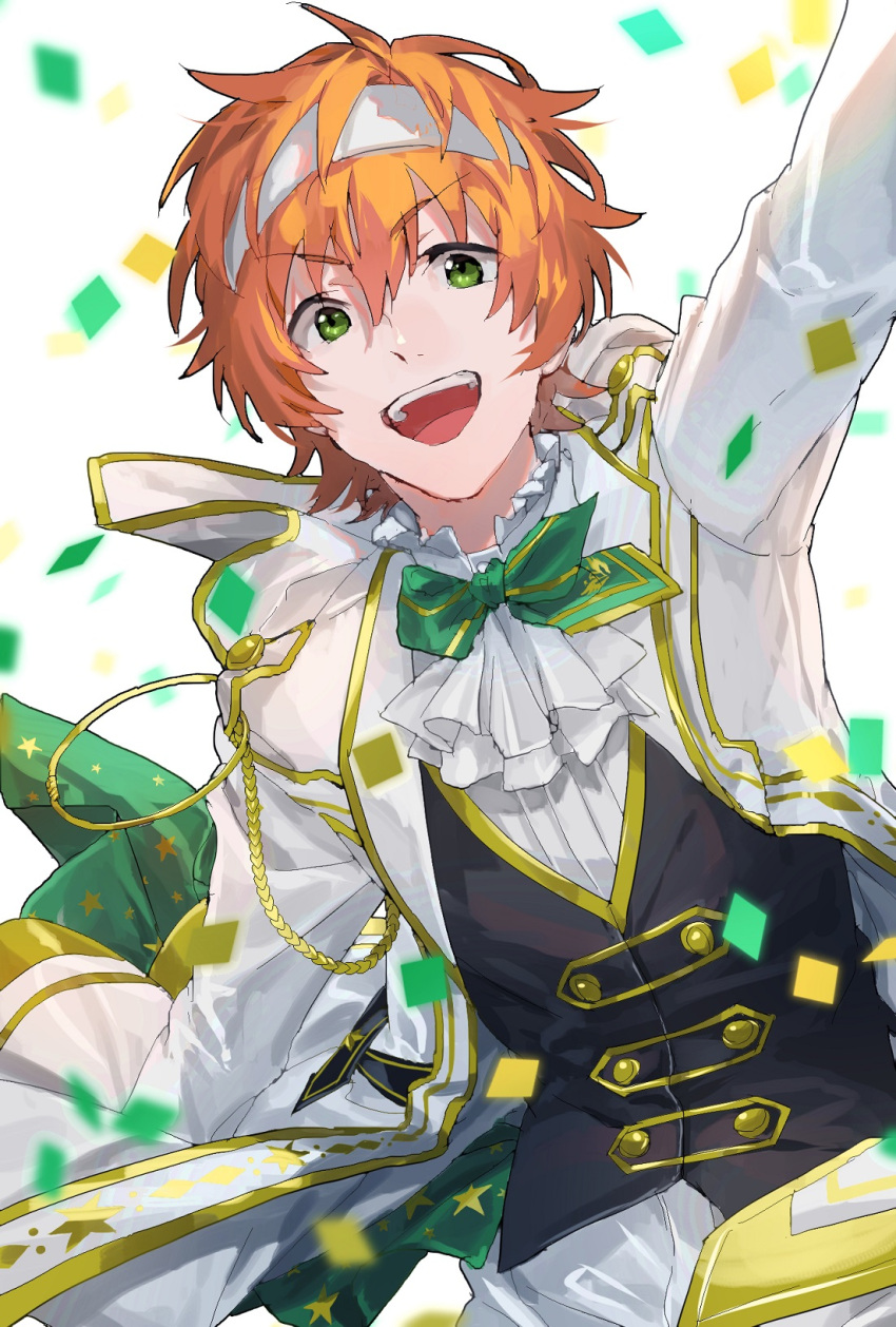 1boy aiguillette bow confetti green_bow green_eyes highres idolmaster idolmaster_side-m jabot jacket lapels male_focus open_mouth orange_hair shirt simple_background smile solo star_(symbol) sweatband tarou_(2taro8) waistcoat wakazato_haruna white_background white_jabot white_jacket white_shirt