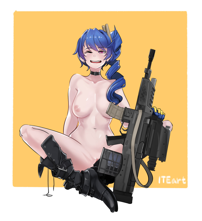 1girl absurdres artist_name assault_rifle belt_boots black_footwear blue_gloves blue_hair blush bolt_action boots bottomless breasts bullpup choker clitoris_slip collarbone daewoo_k11 earrings gen_uma_mai girls'_frontline gloves grenade_launcher gun highres indian_style jewelry k11_(girls'_frontline) leather_choker long_hair messy_hair navel nipples nude one_eye_closed open_mouth orange_background pussy pussy_peek red_eyes rifle scope side_ponytail single_earring sitting smile teeth two-tone_background two-tone_gloves upper_teeth_only weapon white_background yellow_gloves