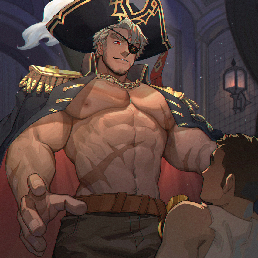 2boys abs absurdres bara belt black_coat black_pants blonde_hair brown_belt chain_necklace coat coat_on_shoulders eyepatch facial_hair hat highres jewelry large_pectorals male_focus multiple_boys muscular muscular_male navel necklace nipples one_eye_covered original pants pectorals peterhl pirate pirate_hat scar scar_on_chest scar_on_stomach short_hair yaoi