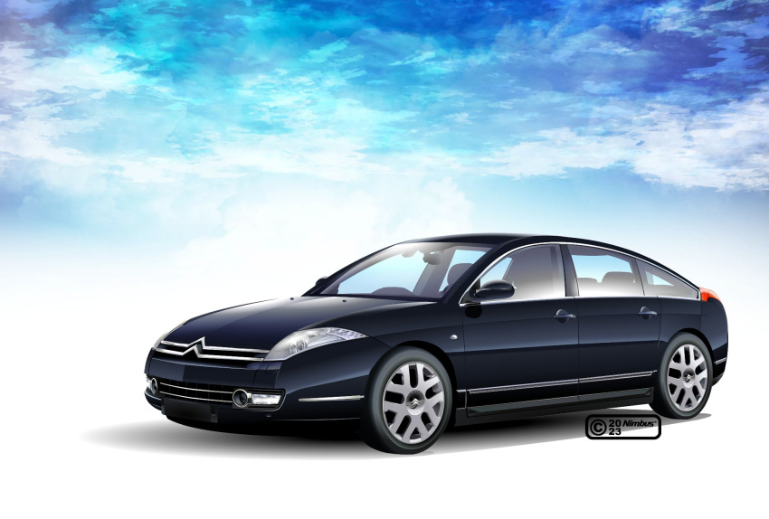 2023 artist_name black_car car citroen cloud cloudy_sky commentary_request ground_vehicle headlight highres motor_vehicle nimbus_goldbrum no_humans original rear-view_mirror shadow sky vehicle_focus