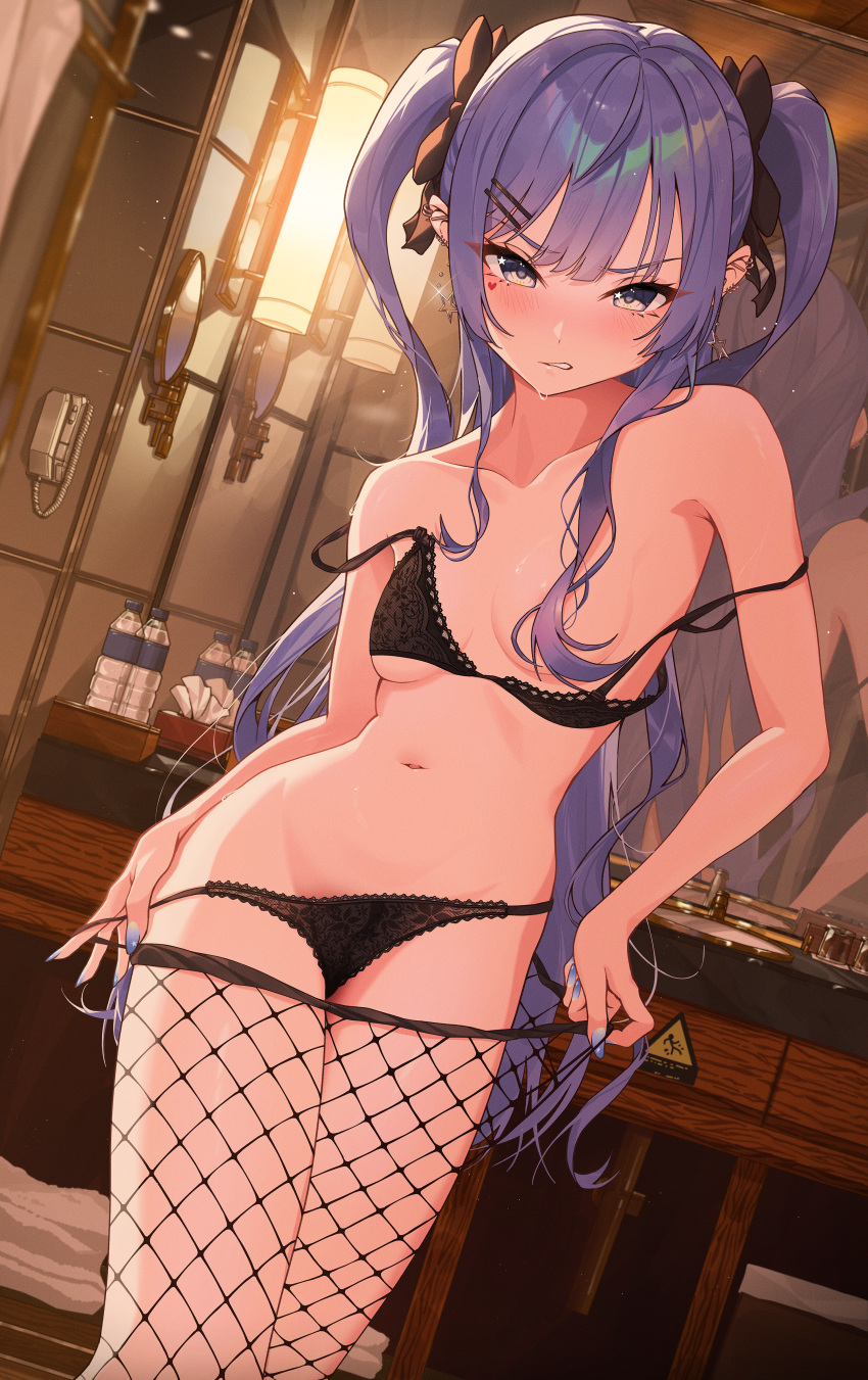 1girl absurdres alternate_costume black_bra black_panties blue_eyes blue_hair bra bra_pull breasts clenched_teeth clothes_pull fishnet_pantyhose fishnets hair_censor highres hololive hoshimachi_suisei looking_at_viewer mirror navel panties panty_pull pantyhose pantyhose_pull sink small_breasts solo star_(symbol) star_in_eye stomach symbol_in_eye teeth twintails underwear virtual_youtuber yozora_(1wkdgusdn)