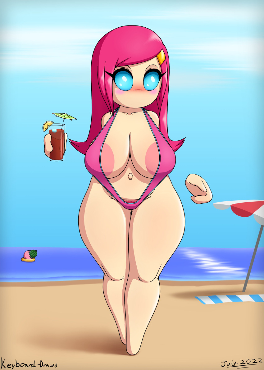 absurd_res beach beverage big_breasts bikini blush breasts clothing featureless_feet female floating_hands food fruit hi_res holding_beverage holding_object huge_breasts humanoid keyboard-draws kirby kirby_(series) melon mouthless nintendo nipple_slip not_furry plant seaside sling_bikini solo susie_(kirby) swimwear watermelon