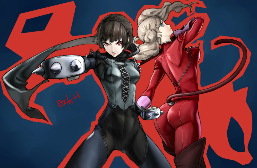2girls absurdres armor ass black_bodysuit black_scarf blue_eyes bodysuit braid breasts cat_tail closed_mouth covered_navel crown_braid earrings english_commentary fighting_stance floating_hair gloves grey_background highres holding holding_whip jewelry large_breasts long_hair medium_breasts multiple_girls niijima_makoto ozkh persona persona_5 pink_gloves red_bodysuit red_eyes scarf short_hair shoulder_armor spiked_armor spiked_knuckles stud_earrings tail takamaki_anne twintails v-shaped_eyebrows zipper_pull_tab