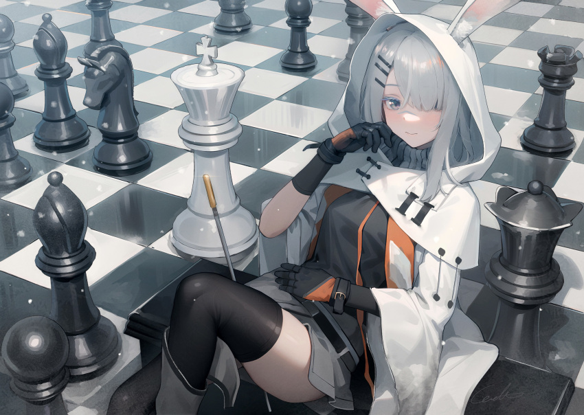 1girl absurdres animal_ears arknights black_gloves board_game breasts chess chess_piece chessboard coat frostnova_(arknights) gloves grey_eyes grey_hair hair_ornament hair_over_one_eye hairclip highres jacket long_hair looking_at_viewer rabbit_ears rabbit_girl scar scar_on_face scar_on_nose shirt smile solo welt_(kinsei_koutenkyoku) white_coat white_hair