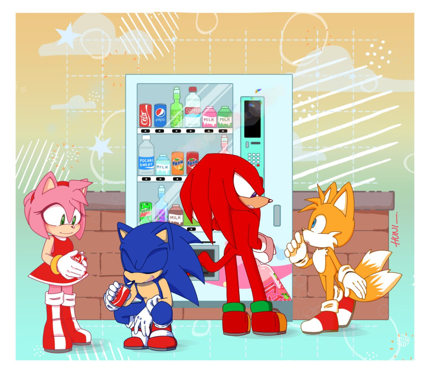 2021 accessory amy_rose anthro beverage blue_eyes boots bottle canid canine clothing cloud coca-cola container dipstick_tail echidna eulipotyphlan eye_contact fanta female footwear fox fur gloves green_eyes group h_huniii hair_accessory hairband handwear hedgehog hi_res knuckles_the_echidna looking_at_another male mammal markings miles_prower monotreme mountain_dew pepsi purple_eyes sega shoes signature sonic_the_hedgehog sonic_the_hedgehog_(series) tail tail_markings vending_machine water_bottle white_body white_fur yellow_body yellow_fur