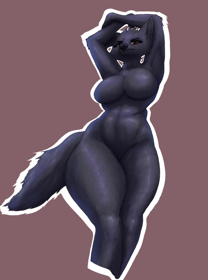 absurd_res anthro betty_(weaver) big_breasts breasts brown_background canid canine canis famished_(artist) female frown_eyebrows hi_res looking_at_viewer mammal nude outline pack_street raised_arms simple_background solo thick_thighs white_outline wolf