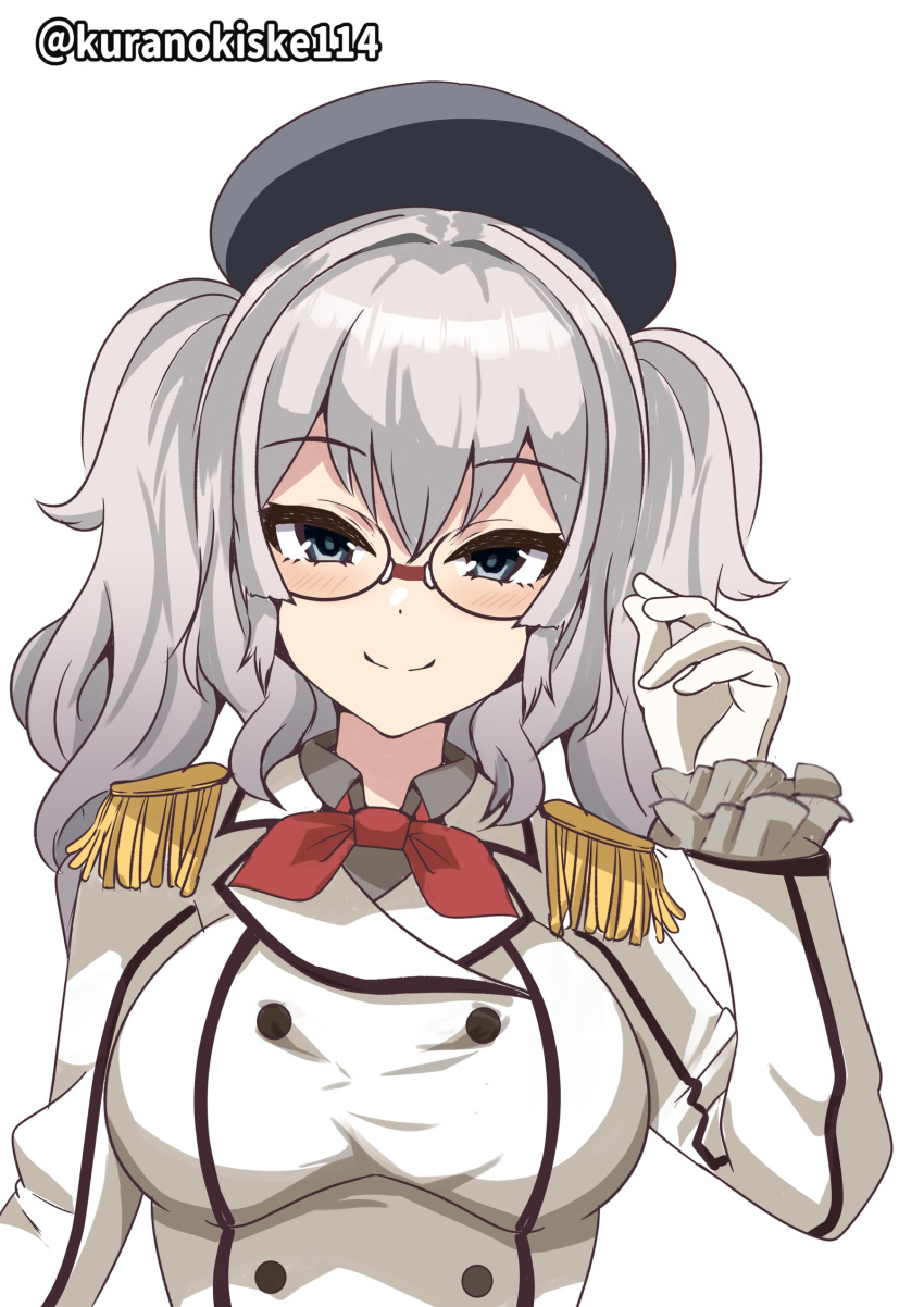 1girl absurdres black_headwear breasts closed_mouth dot_nose epaulettes frilled_sleeves frills glasses gloves grey_hair hand_up hat highres jacket kantai_collection kashima_(kancolle) kurano_kisuke light_smile long_sleeves looking_at_viewer medium_breasts medium_hair one-hour_drawing_challenge sidelocks simple_background solo twitter_username white_gloves white_jacket