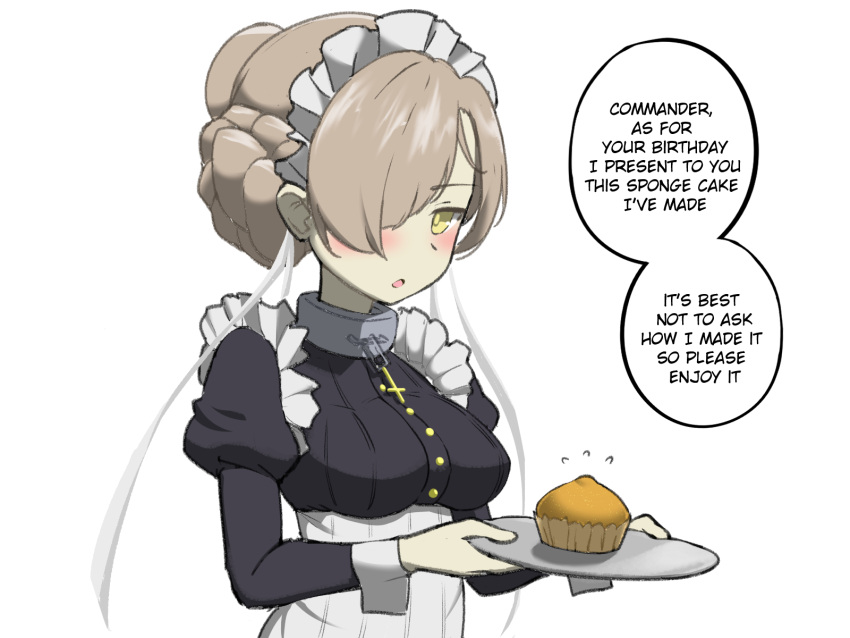 1girl azur_lane blush braid breasts cake cupcake english_text food hair_over_one_eye highres looking_at_viewer maid maid_headdress medium_breasts parallelrey sheffield_(azur_lane) short_hair simple_background solo speech_bubble sponge_cake upper_body white_background yellow_eyes