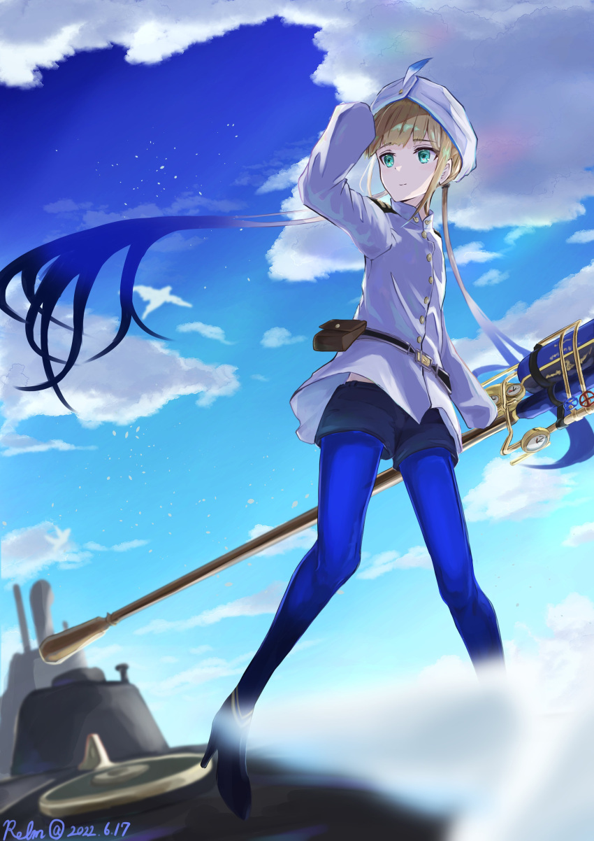 1boy absurdres artist_name belt belt_pouch blonde_hair blue_hair blue_pantyhose captain_nemo_(fate) cloud cloudy_sky fate/grand_order fate_(series) gradient_hair green_eyes hand_on_headwear hat hat_feather highres holding holding_staff jacket kamome_umitsuki long_hair long_sleeves male_focus military_uniform multicolored_hair naval_uniform nemo_(fate) pantyhose pouch shorts sky smile solo staff submarine turban twintails uniform very_long_hair watercraft