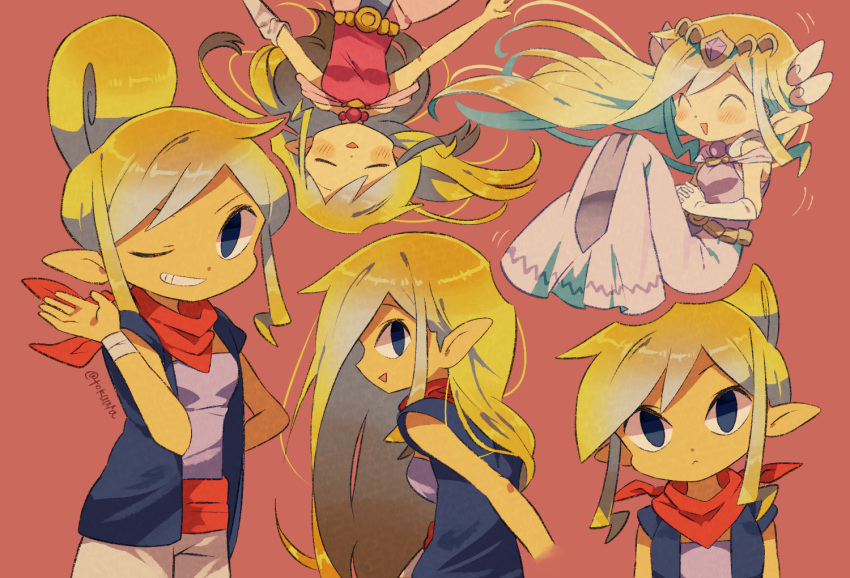 1girl alternate_hairstyle artist_name commentary_request dress from_side hair_bun long_hair looking_at_viewer multiple_girls multiple_views one_eye_closed pink_dress pointy_ears princess_zelda simple_background smile tetra the_legend_of_zelda the_legend_of_zelda:_the_wind_waker tokuura toon_zelda very_long_hair
