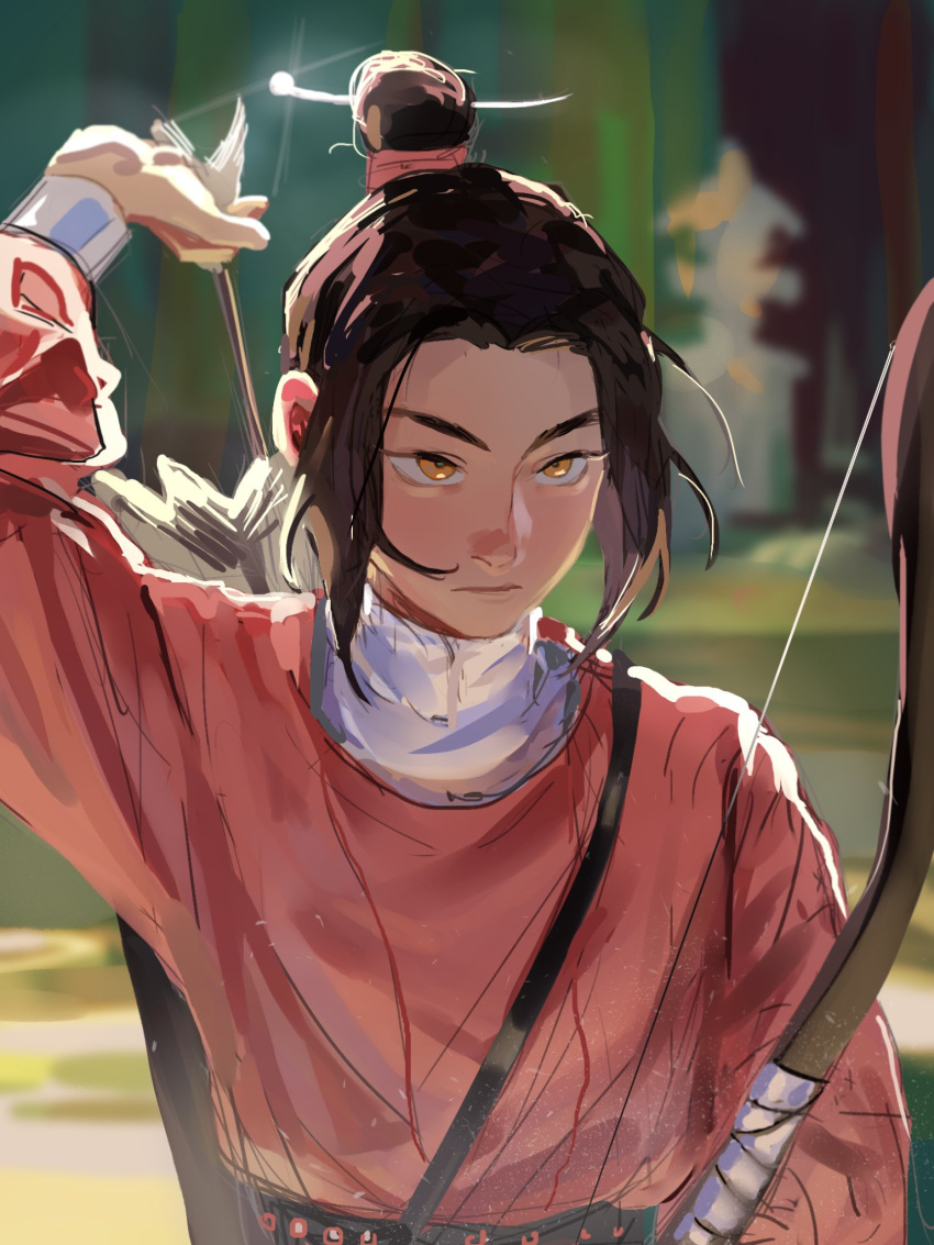 1boy arrow_(projectile) axis_powers_hetalia black_hair bow_(weapon) china_(hetalia) chinese_clothes green_eyes hair_bun highres holding holding_arrow parted_bangs weapon wine0cellar