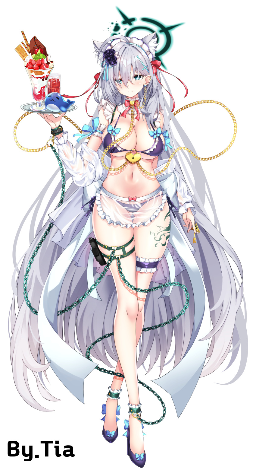 1girl absurdres ahoge alternate_costume animal_ear_fluff animal_ears ankle_cuffs apron arm_garter artist_name ass_visible_through_thighs bikini blue_archive blue_border blue_bow border bow bowtie breasts chain cross cross_hair_ornament crossed_legs dark_halo detached_collar detached_sleeves earrings extra_ears flower frilled_bikini frills front-tie_bikini_top front-tie_top full_body garter_straps gold_chain hair_flower hair_ornament hair_ribbon halo heart-shaped_lock high_heels highres holding holding_tray horizon ice_cream_cup inverted_cross jewelry large_breasts leg_tattoo long_hair looking_at_viewer maid maid_bikini maid_headdress multiple_piercings navel neck_ribbon ocean pendant plate red_bow red_bowtie ribbon sand see-through see-through_apron see-through_sleeves shiroko_(blue_archive) shiroko_(terror)_(blue_archive) shore simple_background skindentation solo standing stomach stud_earrings swimsuit tattoo tia_(4017342) tray very_long_hair waist_apron watson_cross white_background white_hair wolf_ears wrist_cuffs