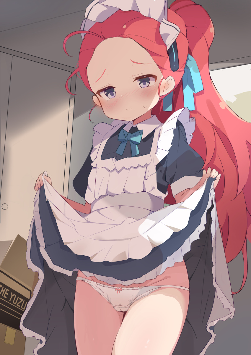 1girl absurdres applemint ass_visible_through_thighs blue_archive blue_eyes blush bow bow_panties cameltoe clothes_lift dress dress_lift groin highres lifted_by_self long_hair maid panties ponytail red_hair thighs underwear white_panties yuzu_(blue_archive)