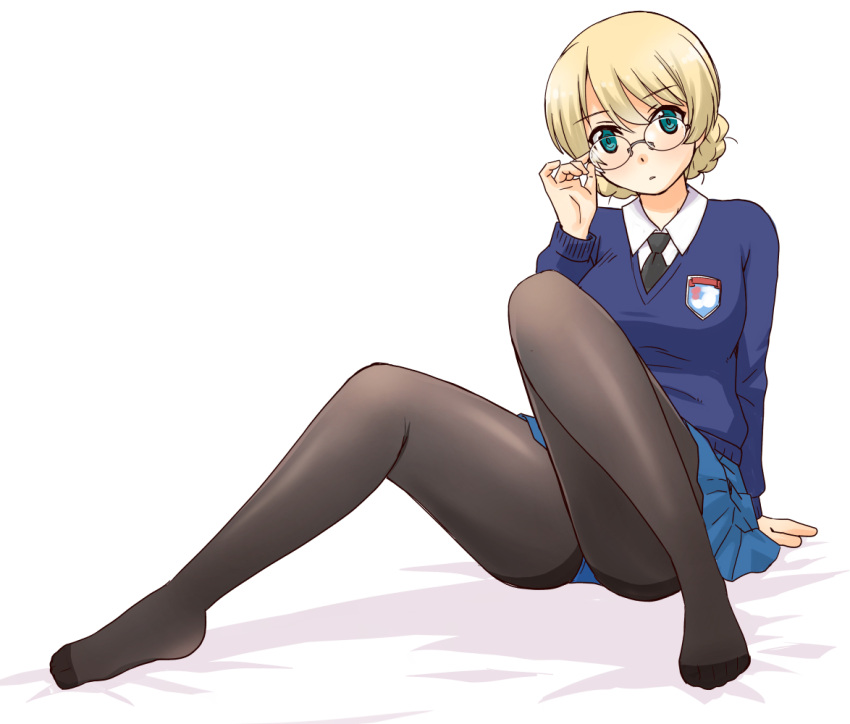 1girl adjusting_eyewear arm_support bespectacled black_necktie black_pantyhose blonde_hair blue_eyes blue_skirt blue_sweater blush braid breasts collared_shirt darjeeling_(girls_und_panzer) emblem french_braid girls_und_panzer glasses legs long_sleeves looking_at_viewer necktie no_shoes pantyhose pleated_skirt school_uniform shirt sitting skirt smile solo st._gloriana's_(emblem) st._gloriana's_school_uniform sweater swept_bangs thighband_pantyhose thighs tights_day uona_telepin white_background white_shirt