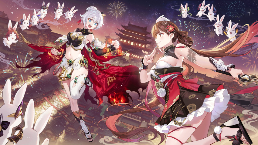 2girls :d absurdres architecture bangs bare_shoulders blue_eyes breasts brown_eyes brown_hair chinese_clothes cleavage closed_mouth commentary east_asian_architecture fireworks full_body highres holding holding_sword holding_weapon honkai_(series) honkai_impact_3rd kiana_kaslana kiana_kaslana_(herrscher_of_flamescion) lantern li_sushang li_sushang_(jade_knight) lino_chang looking_at_another multiple_girls navel night night_sky open_mouth outdoors second-party_source sky smile star_(sky) starry_sky stomach sword temple weapon white_hair yin_yang