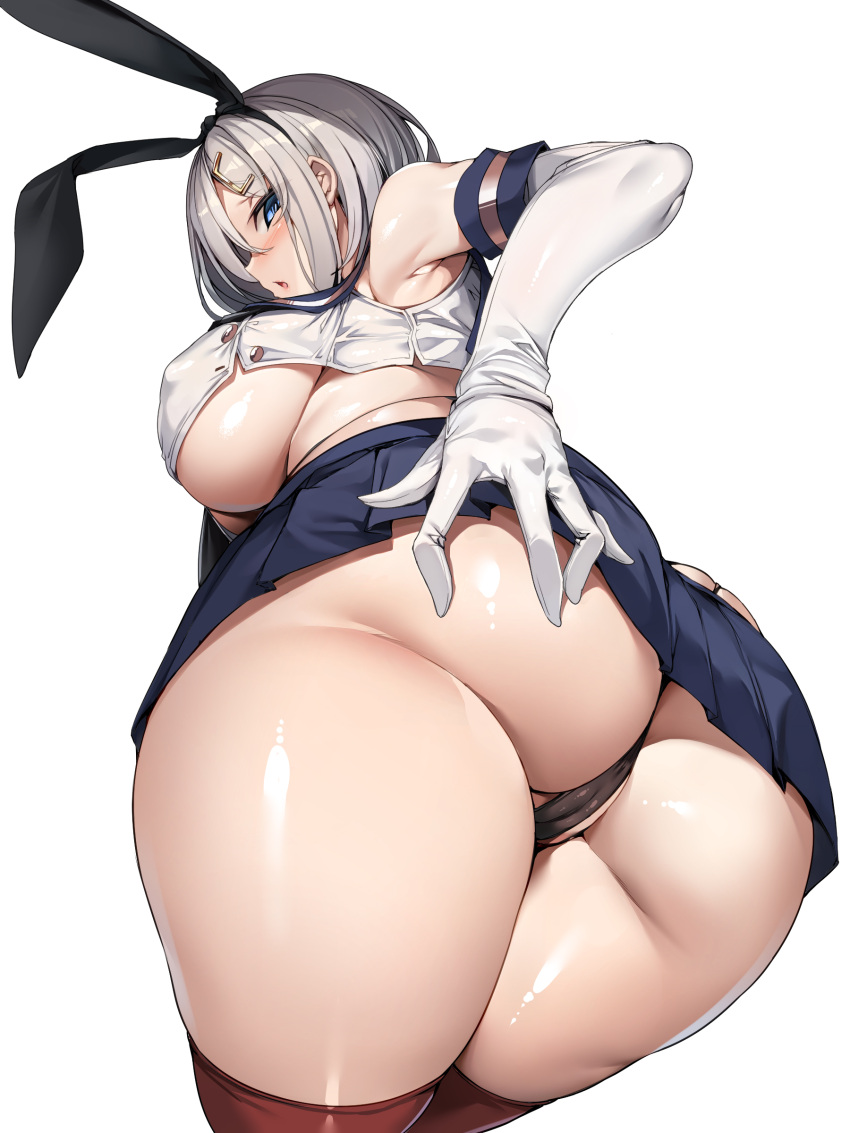 1girl absurdres ass back black_panties blue_eyes blue_sailor_collar blue_skirt blush breasts commentary_request cosplay elbow_gloves gloves grey_hair hamakaze_(kancolle) highleg highleg_panties highres kantai_collection large_breasts looking_at_viewer looking_back medium_hair panties parted_lips partially_visible_vulva pleated_skirt sailor_collar shimakaze_(kancolle) shimakaze_(kancolle)_(cosplay) shirt sideboob simple_background skirt solo standing striped striped_thighhighs thighhighs thighs torisan twintails underboob underwear white_background white_gloves white_shirt