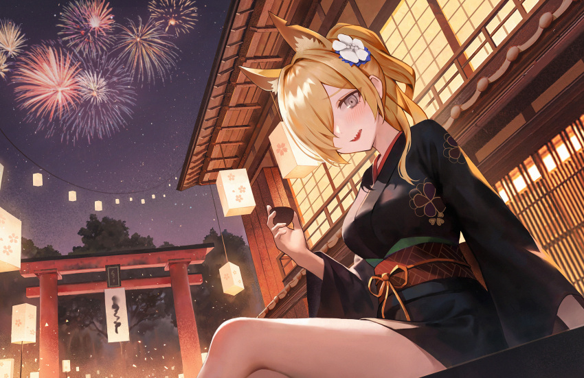 1girl animal_ear_fluff animal_ears architecture black_kimono blonde_hair blue_archive blush breasts choko_(cup) crossed_legs cup east_asian_architecture extra_ears feet_out_of_frame flower grey_hair hair_flower hair_ornament hair_over_one_eye highres holding holding_cup ikkia japanese_clothes kanna_(blue_archive) kimono lantern long_sleeves looking_at_viewer medium_breasts notched_ear obi open_mouth outdoors paper_lantern ponytail sash sharp_teeth sidelocks sitting solo star_(sky) teeth torii tree veranda yukata