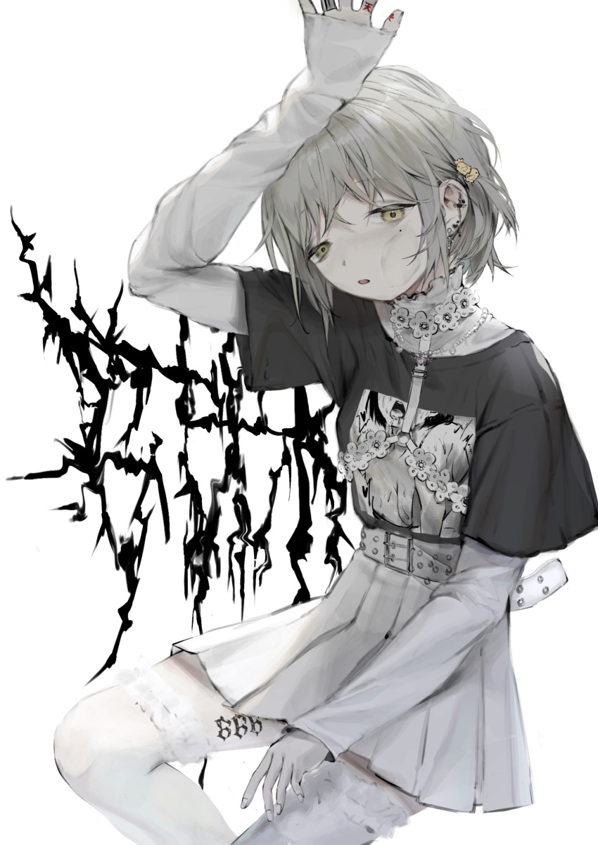 1girl 666 absurdres belt benikusochan black_shirt ear_piercing earrings harness highres jewelry layered_sleeves long_sleeves looking_at_viewer mole mole_under_eye muted_color original parted_lips piercing pleated_skirt print_shirt shirt short_over_long_sleeves short_sleeves skirt sleeves_past_wrists solo tattoo thighhighs white_background white_belt white_skirt white_thighhighs yellow_eyes