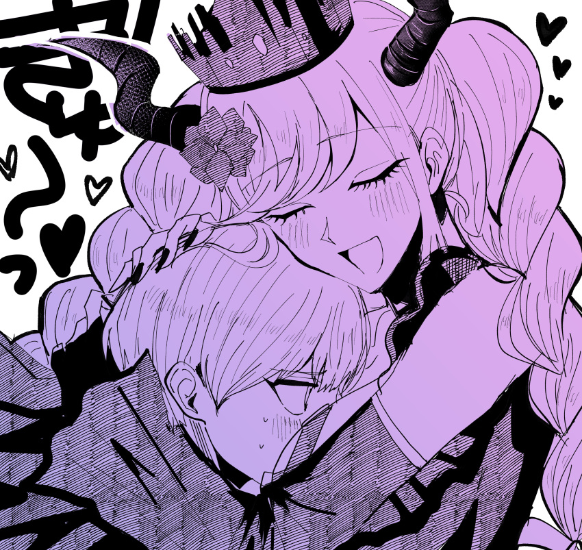 1boy 1girl :d absurdres braid breast_smother breasts closed_eyes commentary crown demon_horns detached_sleeves face_to_breasts facing_viewer flower hair_flower hair_ornament hand_on_another's_head hatching_(texture) heart hetero highres horns hug jitsu_(g2jitsu_jitsune) large_breasts limited_palette long_hair looking_at_another master_detective_archives:_rain_code open_mouth shinigami_(rain_code) short_hair smile sweatdrop symbol-only_commentary translation_request twin_braids upper_body white_background yuma_kokohead