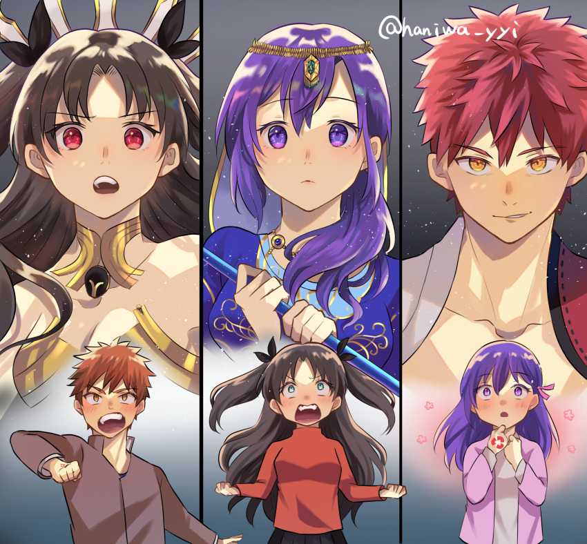 2boys 4girls absurdres blush breasts cleavage closed_mouth collarbone collared_shirt command_spell emiya_shirou fate/grand_order fate/stay_night fate_(series) haniwa_yyi highres holding holding_staff ishtar_(fate) long_hair long_sleeves looking_at_viewer matou_sakura multiple_boys multiple_girls open_mouth parvati_(fate) purple_eyes purple_hair red_eyes red_hair senji_muramasa_(fate) shirt short_hair skirt staff surprised teeth tohsaka_rin turtleneck twintails upper_teeth_only yellow_eyes